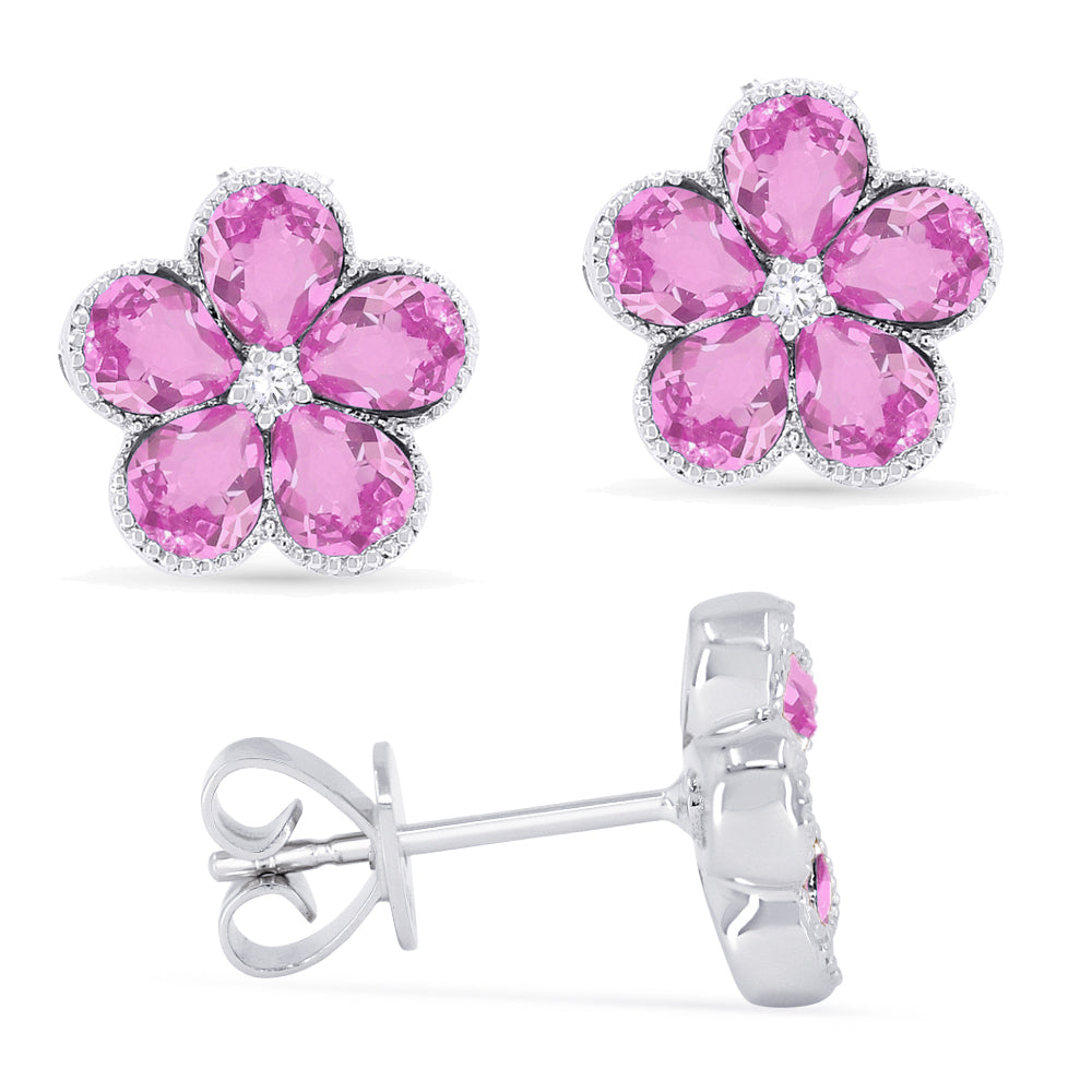 Beautiful Hand Crafted 14K White Gold 3X4MM Created Pink Sapphire And Diamond Essentials Collection Stud Earrings With A Push Back Closure