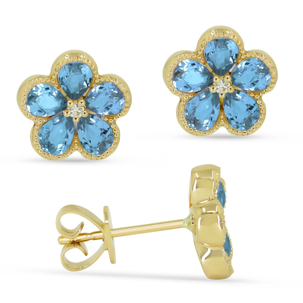Beautiful Hand Crafted 14K Yellow Gold 3X4MM Swiss Blue Topaz And Diamond Essentials Collection Stud Earrings