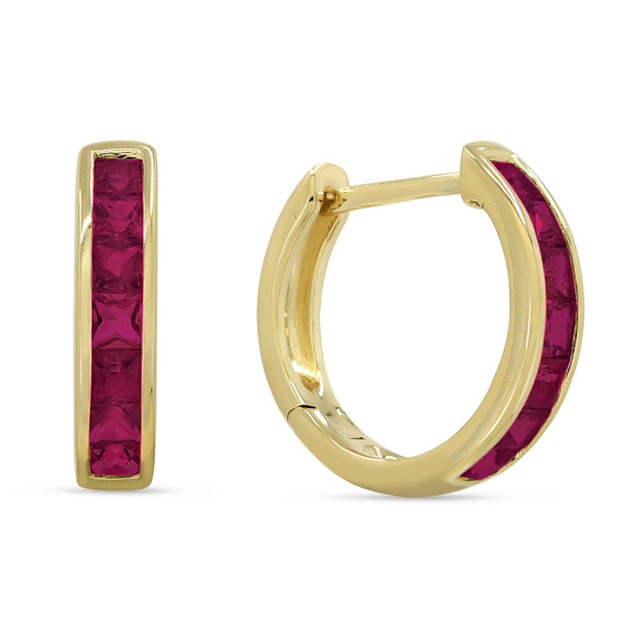 Beautiful Hand Crafted 14K Yellow Gold 14MM Ruby And Diamond Arianna Collection Hoop Earrings With A Hoop Closure