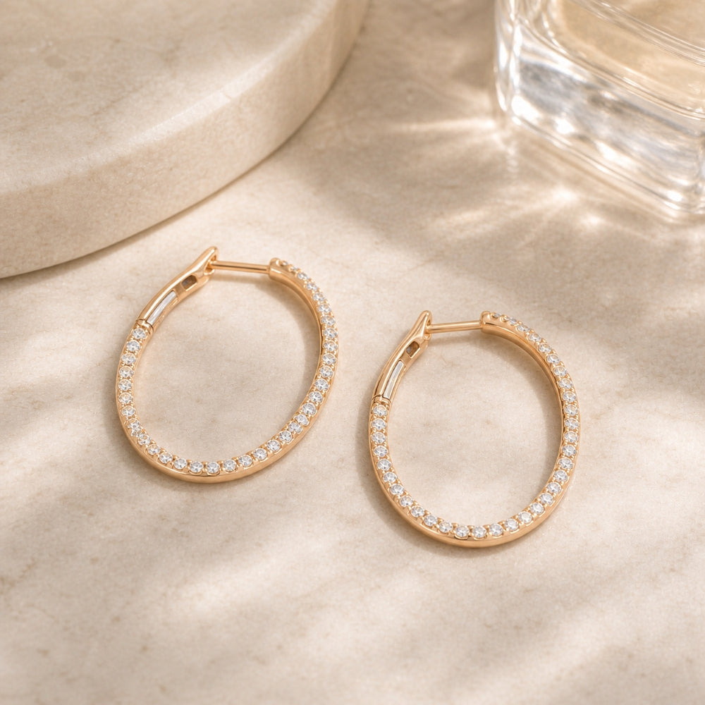 E1533 - 14K Gold Diamond In & Out Hoop Earrings