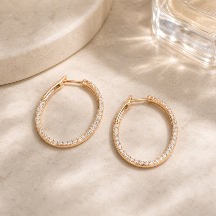 E1533 - 14K Gold Diamond In & Out Hoop Earrings