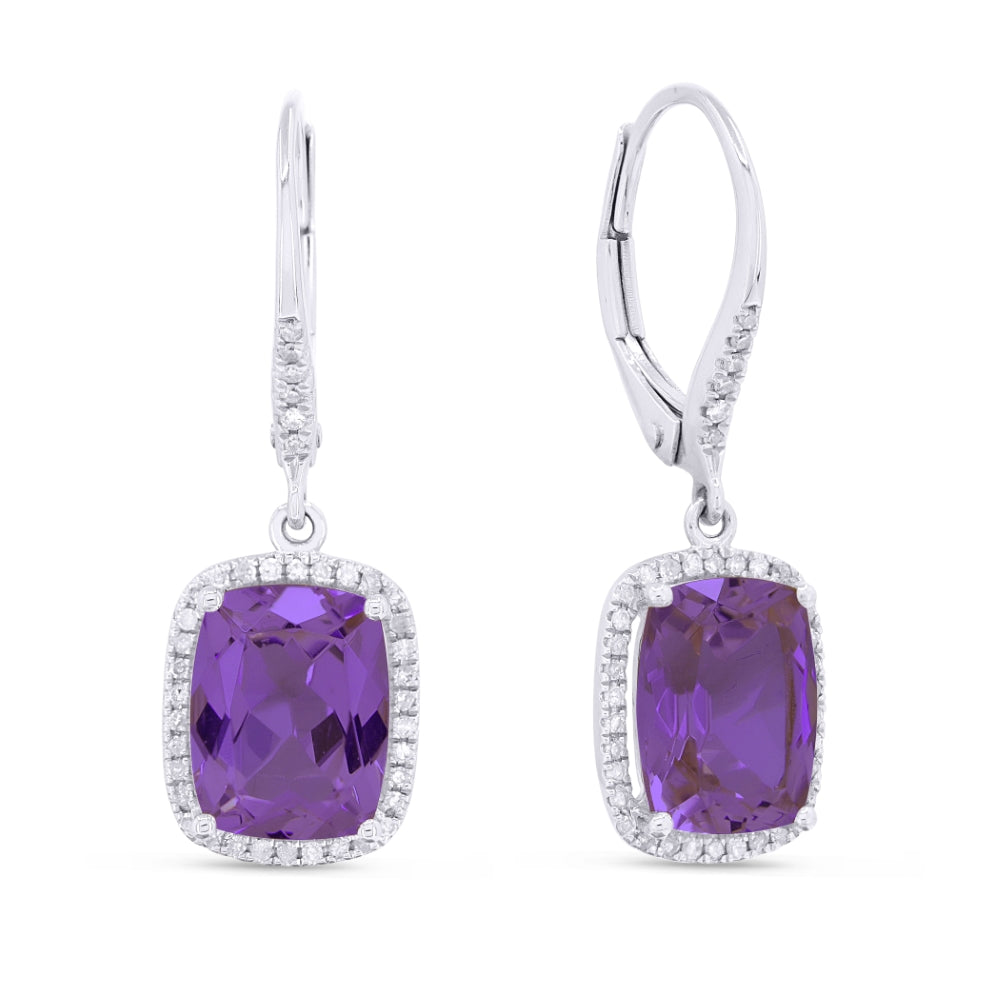 Beautiful Hand Crafted 14K White Gold 7X9MM Amethyst And Diamond Essentials Collection Drop Dangle Earrings With A Lever Back Closure