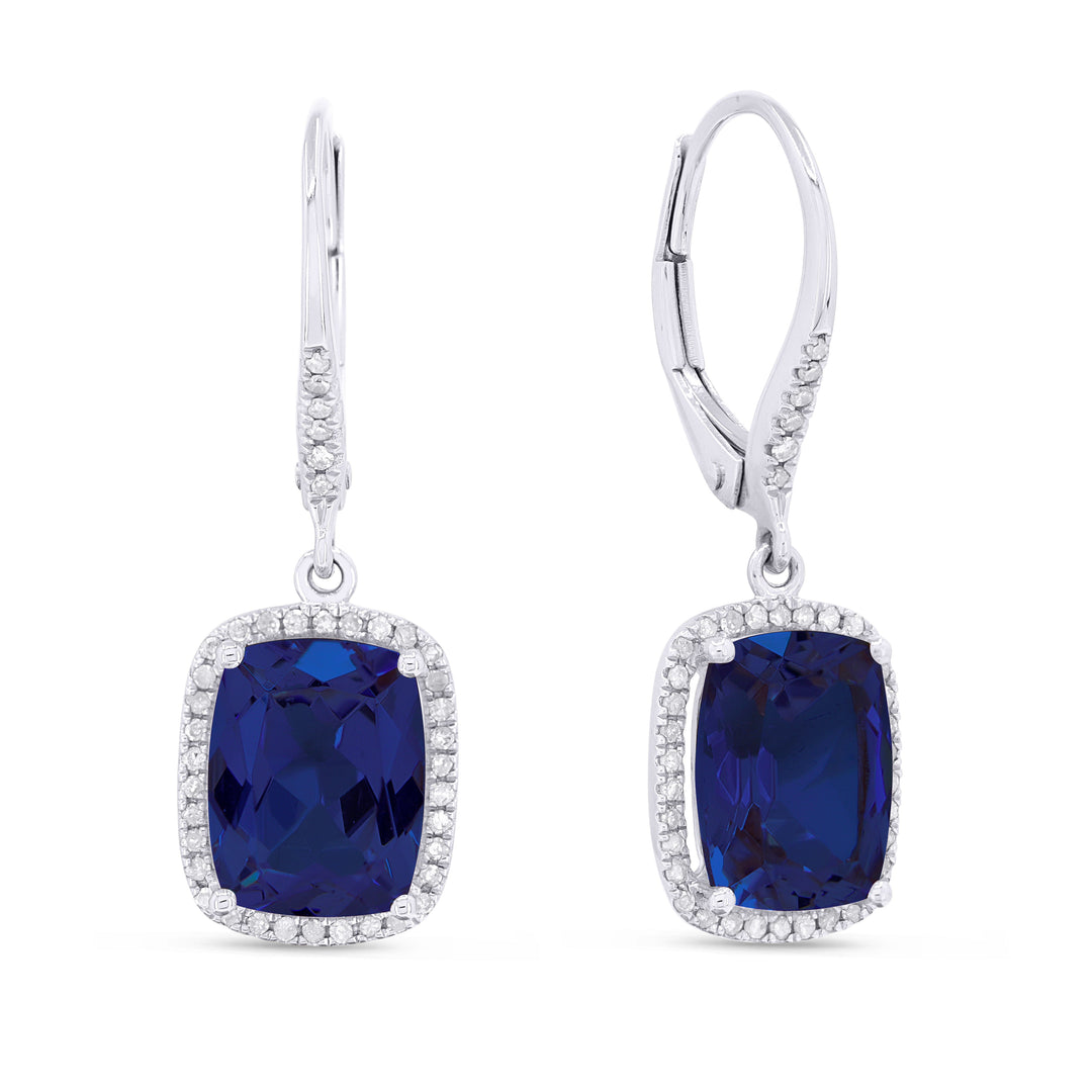 Beautiful Hand Crafted 14K White Gold 7X9MM Created Sapphire And Diamond Essentials Collection Drop Dangle Earrings With A Lever Back Closure
