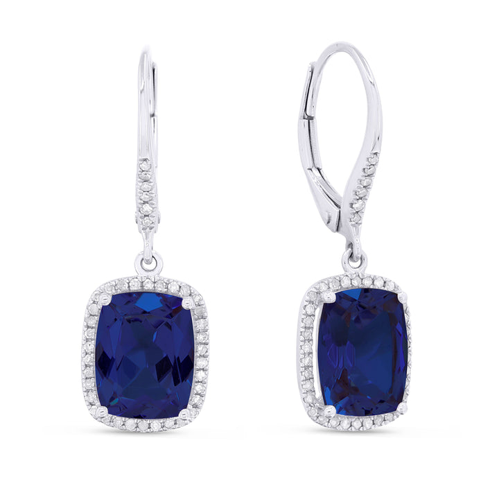 Beautiful Hand Crafted 14K White Gold 7X9MM Created Sapphire And Diamond Essentials Collection Drop Dangle Earrings With A Lever Back Closure