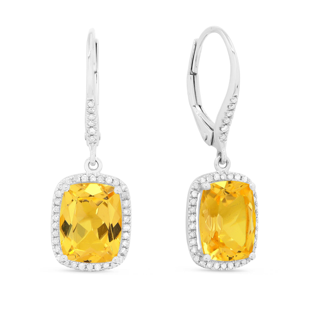 Beautiful Hand Crafted 14K White Gold 7X9MM Citrine And Diamond Essentials Collection Drop Dangle Earrings With A Lever Back Closure