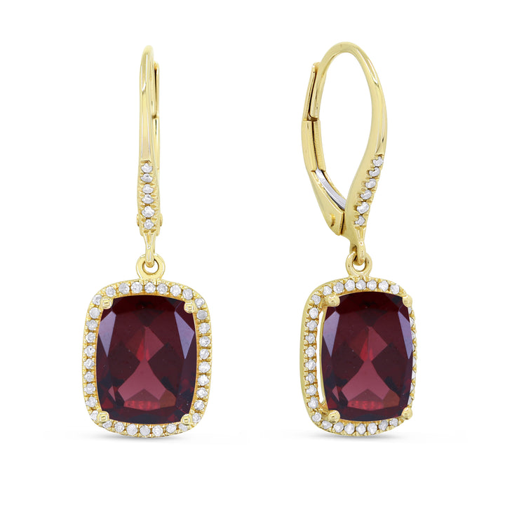 Beautiful Hand Crafted 14K Yellow Gold 7X9MM Garnet And Diamond Essentials Collection Drop Dangle Earrings With A Lever Back Closure