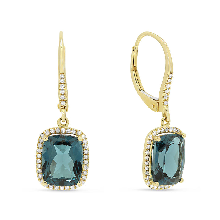 Beautiful Hand Crafted 14K Yellow Gold 7X9MM London Blue Topaz And Diamond Essentials Collection Drop Dangle Earrings With A Lever Back Closure
