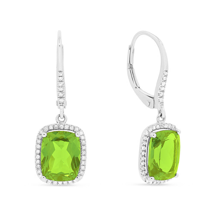 Beautiful Hand Crafted 14K White Gold 7X9MM Peridot And Diamond Essentials Collection Drop Dangle Earrings With A Lever Back Closure
