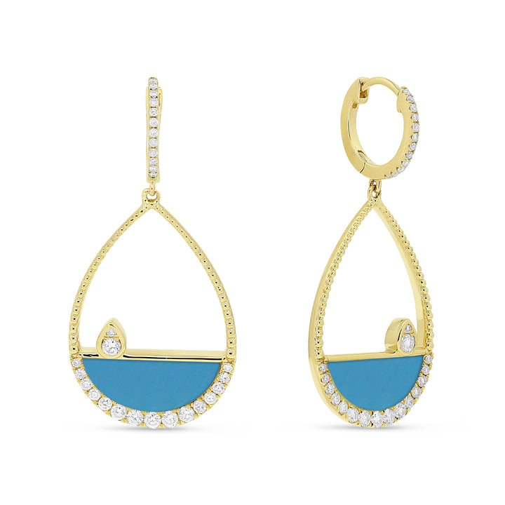 Beautiful Hand Crafted 14K Yellow Gold  Turquoise And Diamond Milano Collection Drop Dangle Earrings With A Lever Back Closure