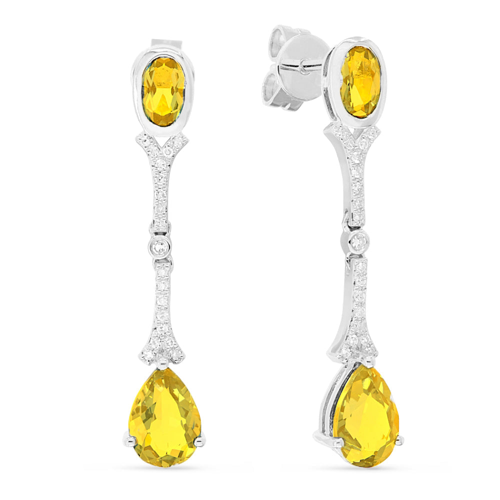 Beautiful Hand Crafted 14K White Gold 3X5/5X7MM Citrine And Diamond Essentials Collection Drop Dangle Earrings With A Push Back Closure
