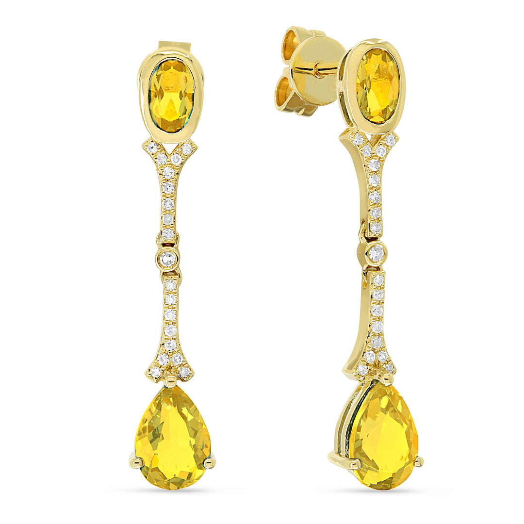 Beautiful Hand Crafted 14K Yellow Gold 3X5/5X7MM Citrine And Diamond Eclectica Collection Drop Dangle Earrings With A Push Back Closure