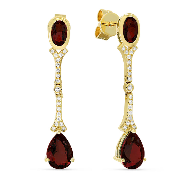 Beautiful Hand Crafted 14K Yellow Gold 3x5/5x7MM Garnet And Diamond Essentials Collection Drop Dangle Earrings With A Push Back Closure