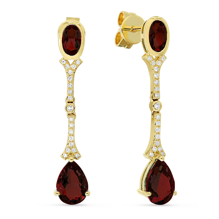 Beautiful Hand Crafted 14K Yellow Gold 3X5/5X7MM Garnet And Diamond Eclectica Collection Drop Dangle Earrings With A Push Back Closure