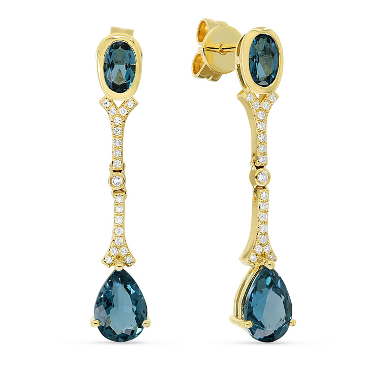 Beautiful Hand Crafted 14K Yellow Gold 3x5/5x7MM London Blue Topaz And Diamond Essentials Collection Drop Dangle Earrings With A Push Back Closure