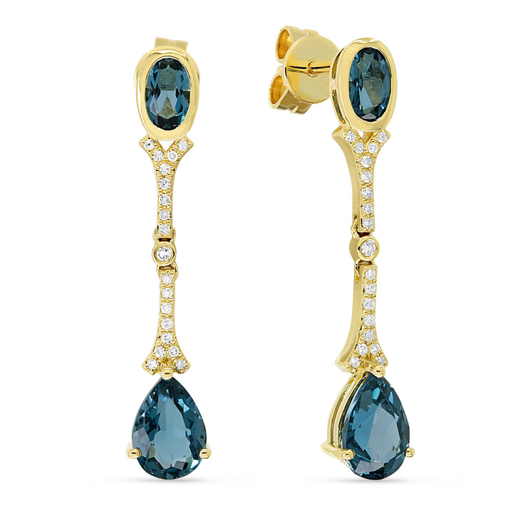 Beautiful Hand Crafted 14K Yellow Gold 3X5/5X7MM London Blue Topaz And Diamond Eclectica Collection Drop Dangle Earrings With A Push Back Closure