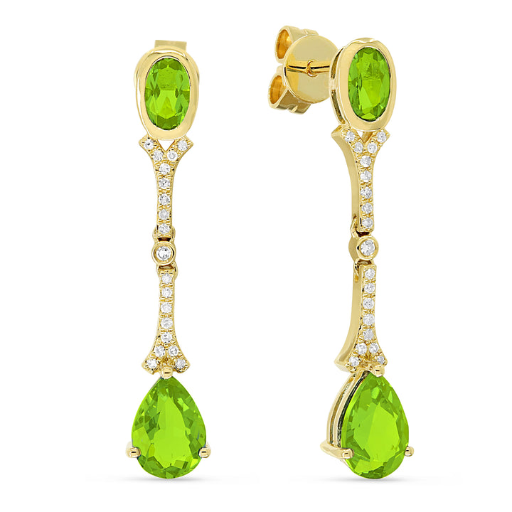 Beautiful Hand Crafted 14K Yellow Gold 3X5/5X7MM Peridot And Diamond Eclectica Collection Drop Dangle Earrings With A Push Back Closure