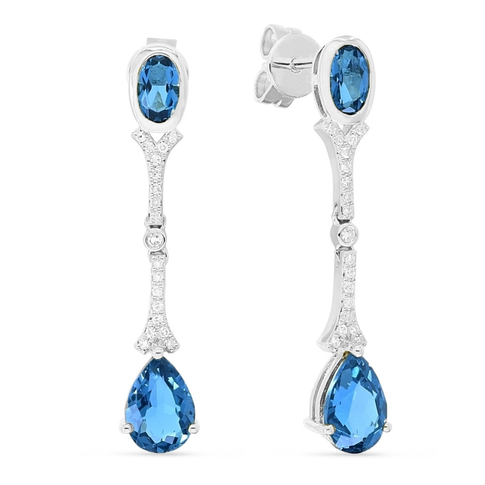 Beautiful Hand Crafted 14K White Gold 3X5/5X7MM Swiss Blue Topaz And Diamond Essentials Collection Drop Dangle Earrings With A Push Back Closure