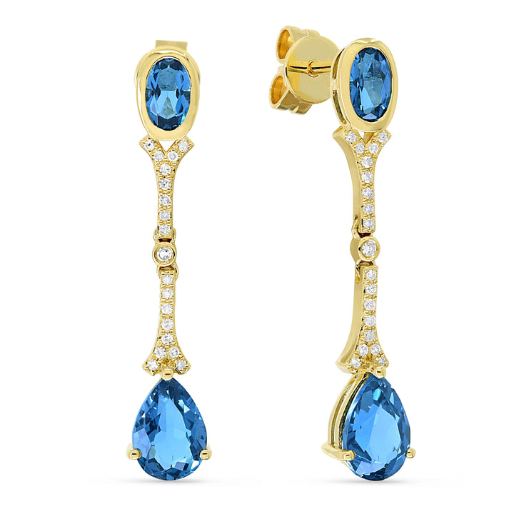 Beautiful Hand Crafted 14K Yellow Gold 3X5/5X7MM Swiss Blue Topaz And Diamond Eclectica Collection Drop Dangle Earrings With A Push Back Closure