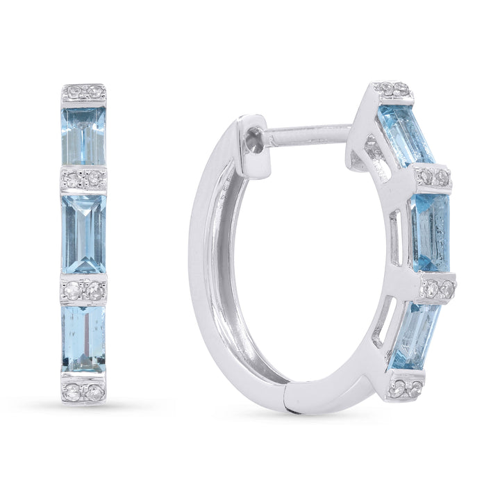 Beautiful Hand Crafted 14K White Gold  Blue Topaz And Diamond Essentials Collection Hoop Earrings With A retail-facing