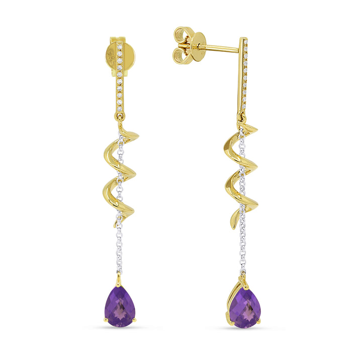 Beautiful Hand Crafted 14K Two Tone Gold 5x7MM Amethyst And Diamond Essentials Collection Drop Dangle Earrings With A Push Back Closure