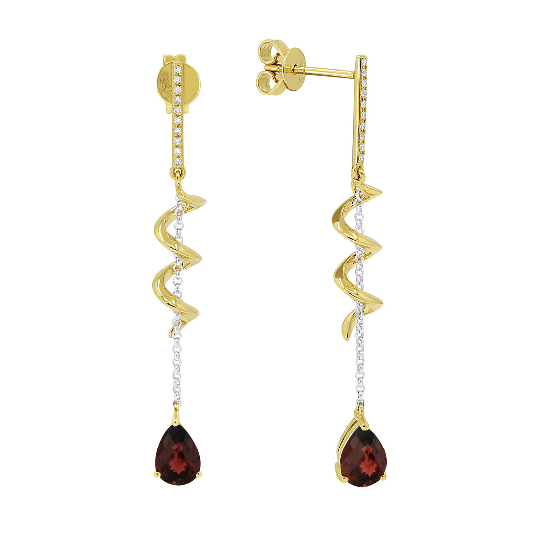 Beautiful Hand Crafted 14K Two Tone Gold 5x7MM Garnet And Diamond Essentials Collection Drop Dangle Earrings With A Push Back Closure