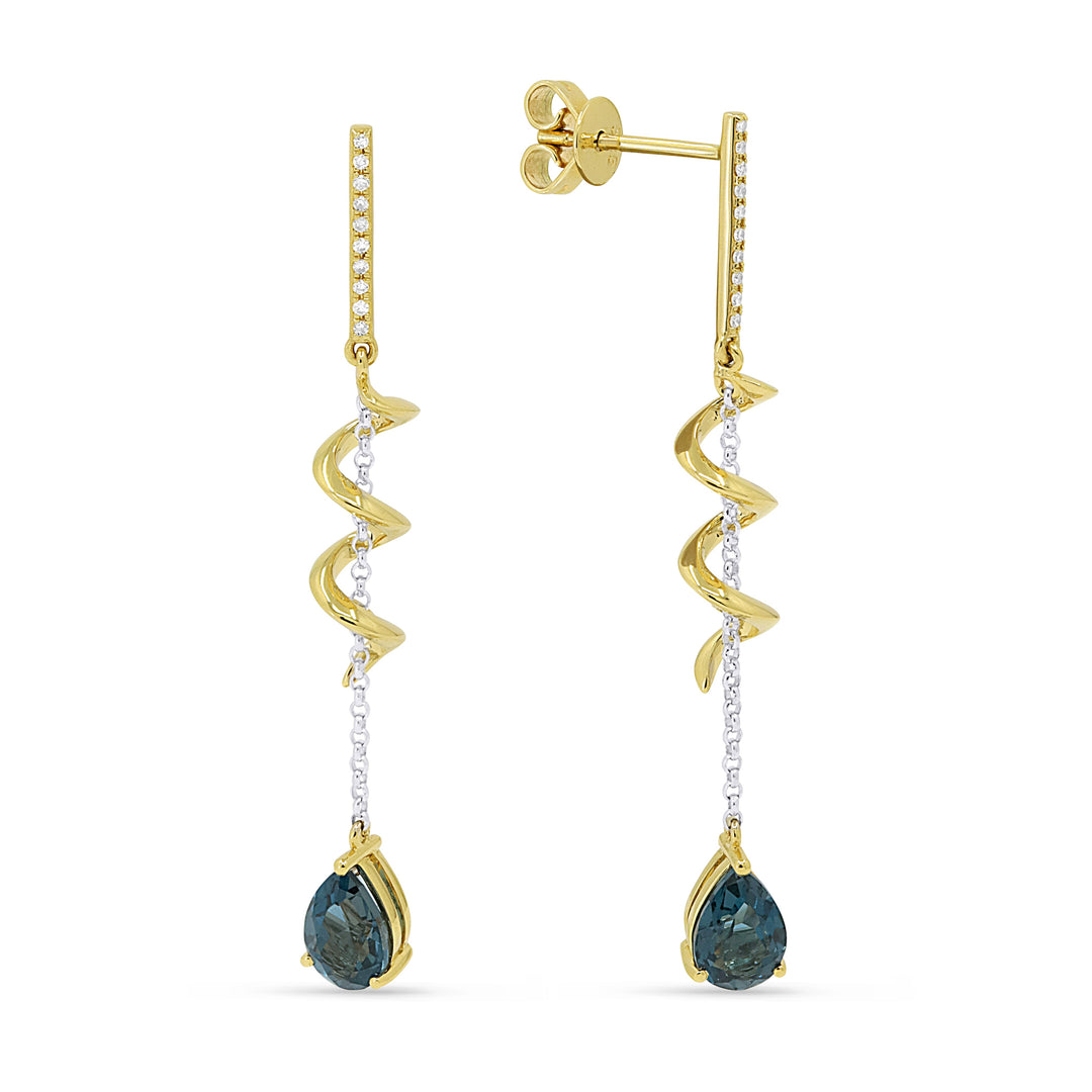 Beautiful Hand Crafted 14K Two Tone Gold 5x7MM London Blue Topaz And Diamond Essentials Collection Drop Dangle Earrings With A Push Back Closure