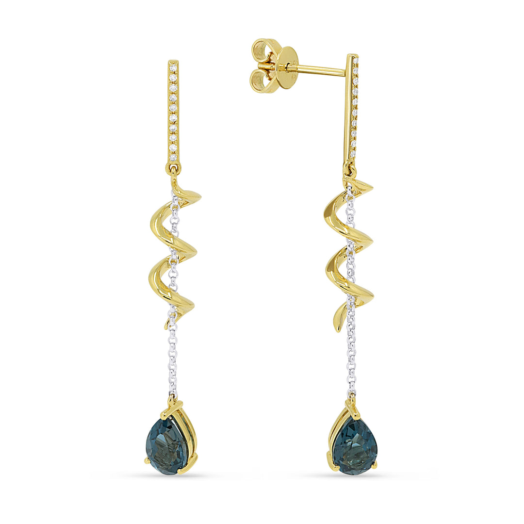 Beautiful Hand Crafted 14K Two Tone Gold 5X7MM London Blue Topaz And Diamond Eclectica Collection Drop Dangle Earrings With A retail-facing