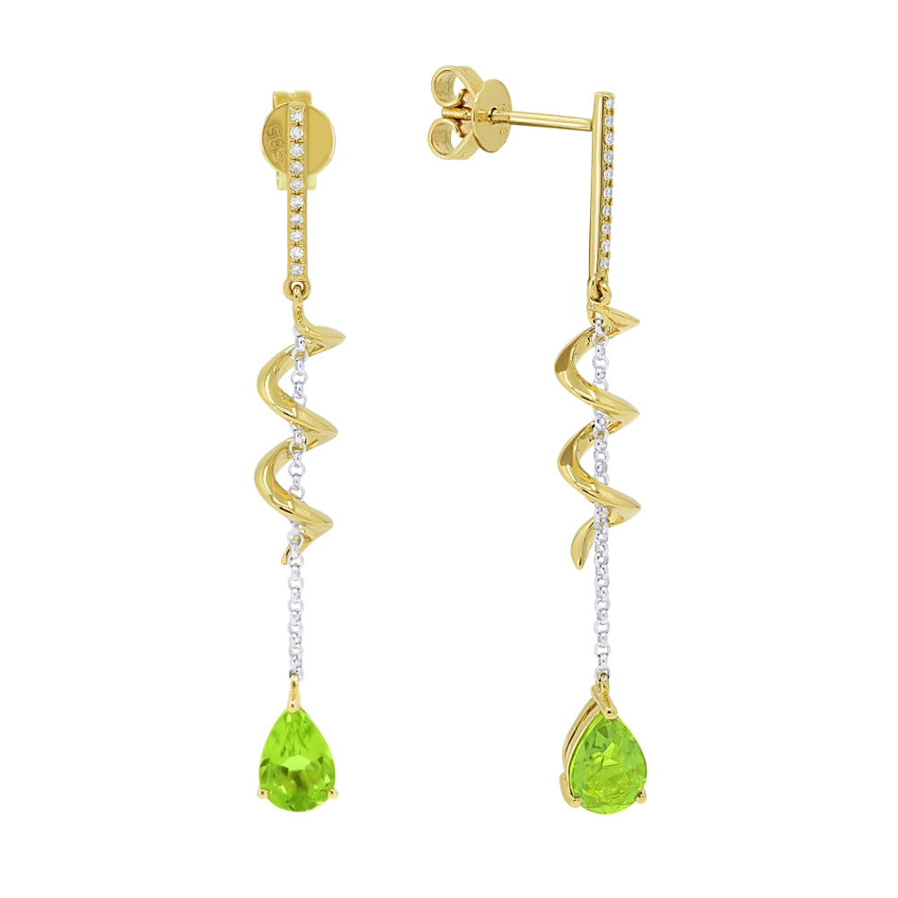 Beautiful Hand Crafted 14K Two Tone Gold 5X7MM Peridot And Diamond Eclectica Collection Drop Dangle Earrings With A Push Back Closure