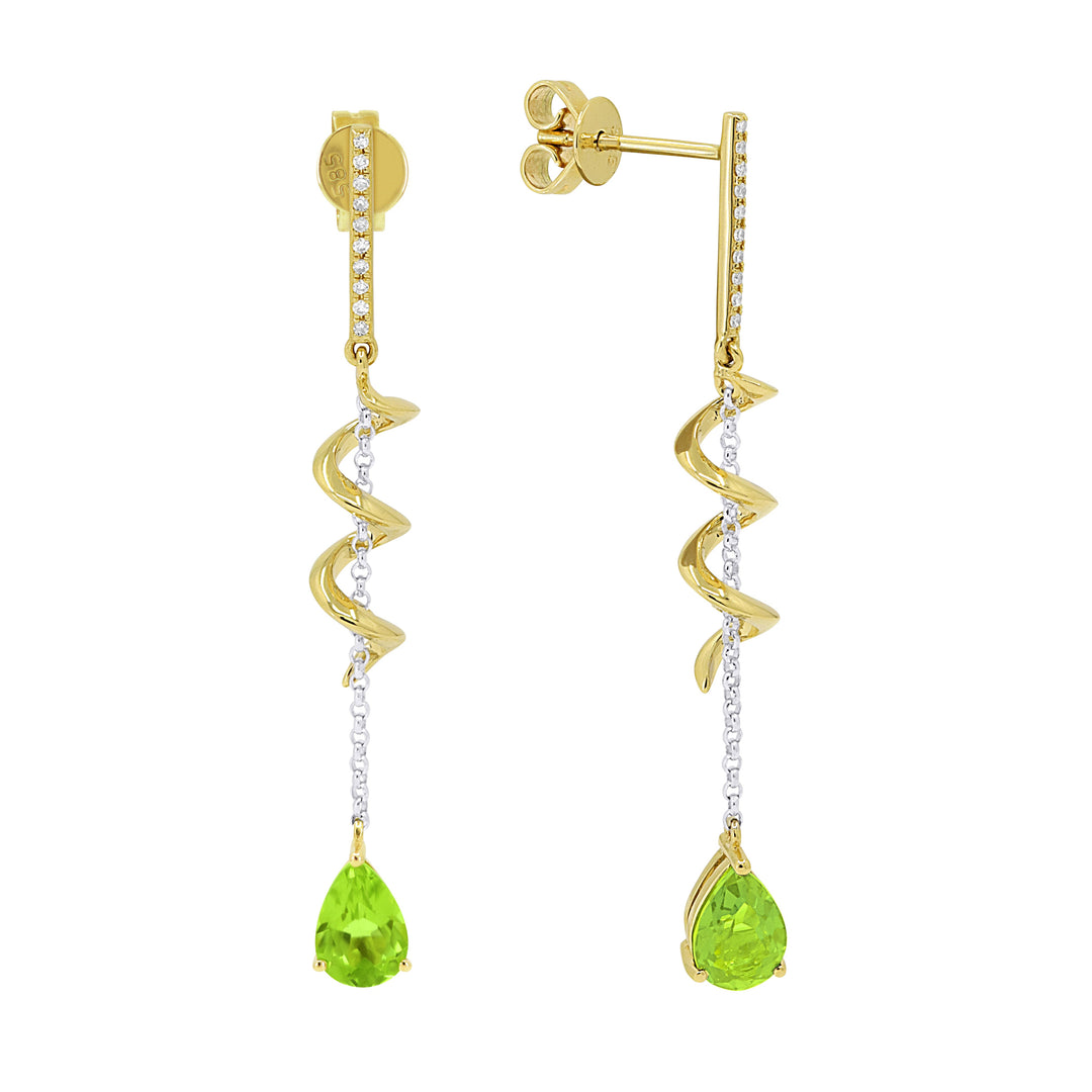 Beautiful Hand Crafted 14K Two Tone Gold 5x7MM Peridot And Diamond Essentials Collection Drop Dangle Earrings With A Push Back Closure