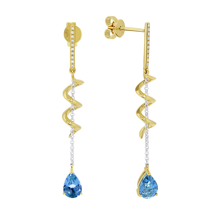 Beautiful Hand Crafted 14K Two Tone Gold 5X7MM Swiss Blue Topaz And Diamond Eclectica Collection Drop Dangle Earrings With A Push Back Closure