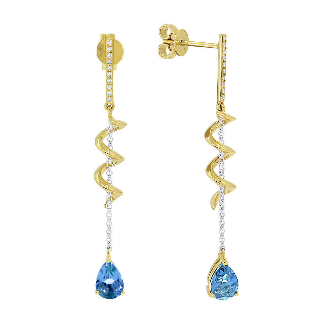 Beautiful Hand Crafted 14K Two Tone Gold 5X7MM Swiss Blue Topaz And Diamond Eclectica Collection Drop Dangle Earrings With A Push Back Closure