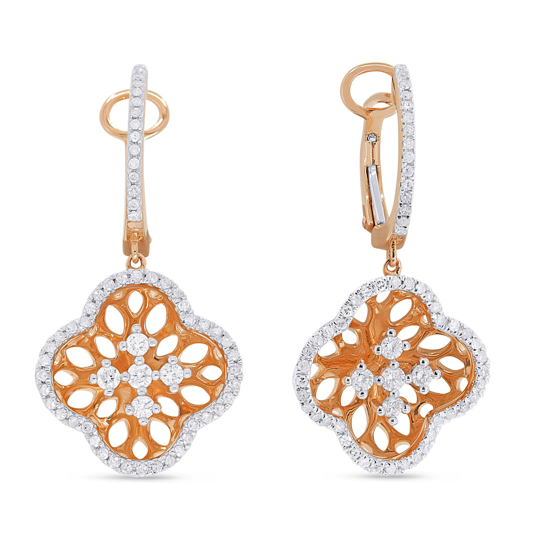 Beautiful Hand Crafted 14K Rose Gold White Diamond Milano Collection Drop Dangle Earrings With A Lever Back Closure