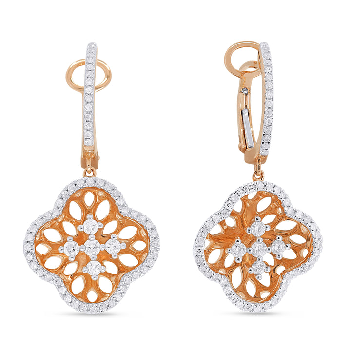 Beautiful Hand Crafted 14K Rose Gold White Diamond Milano Collection Drop Dangle Earrings With A Lever Back Closure