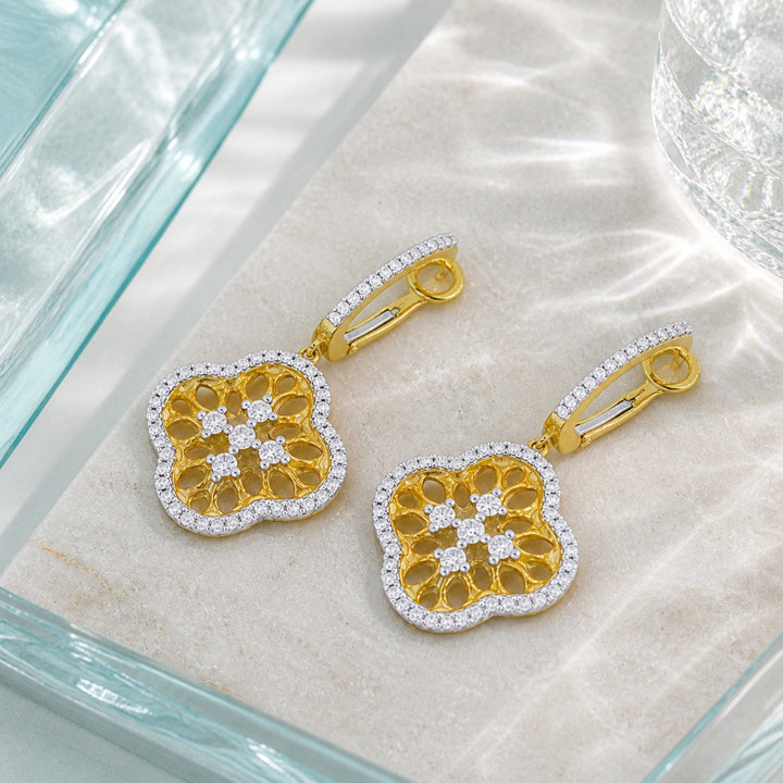 E1563 - 14K Gold Diamond Flower Drop Earrings
