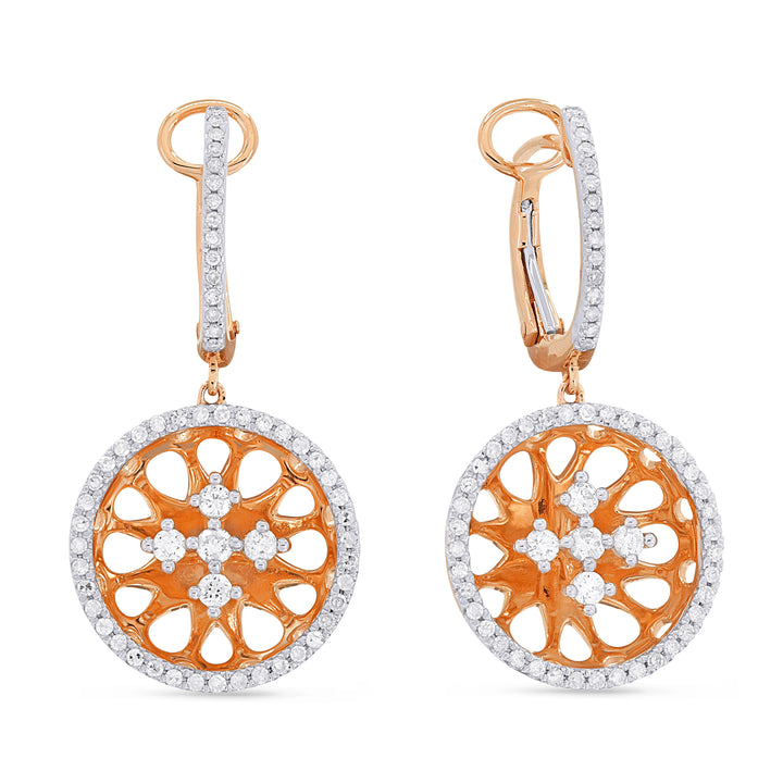 Beautiful Hand Crafted 14K Rose Gold White Diamond Milano Collection Drop Dangle Earrings With A Lever Back Closure