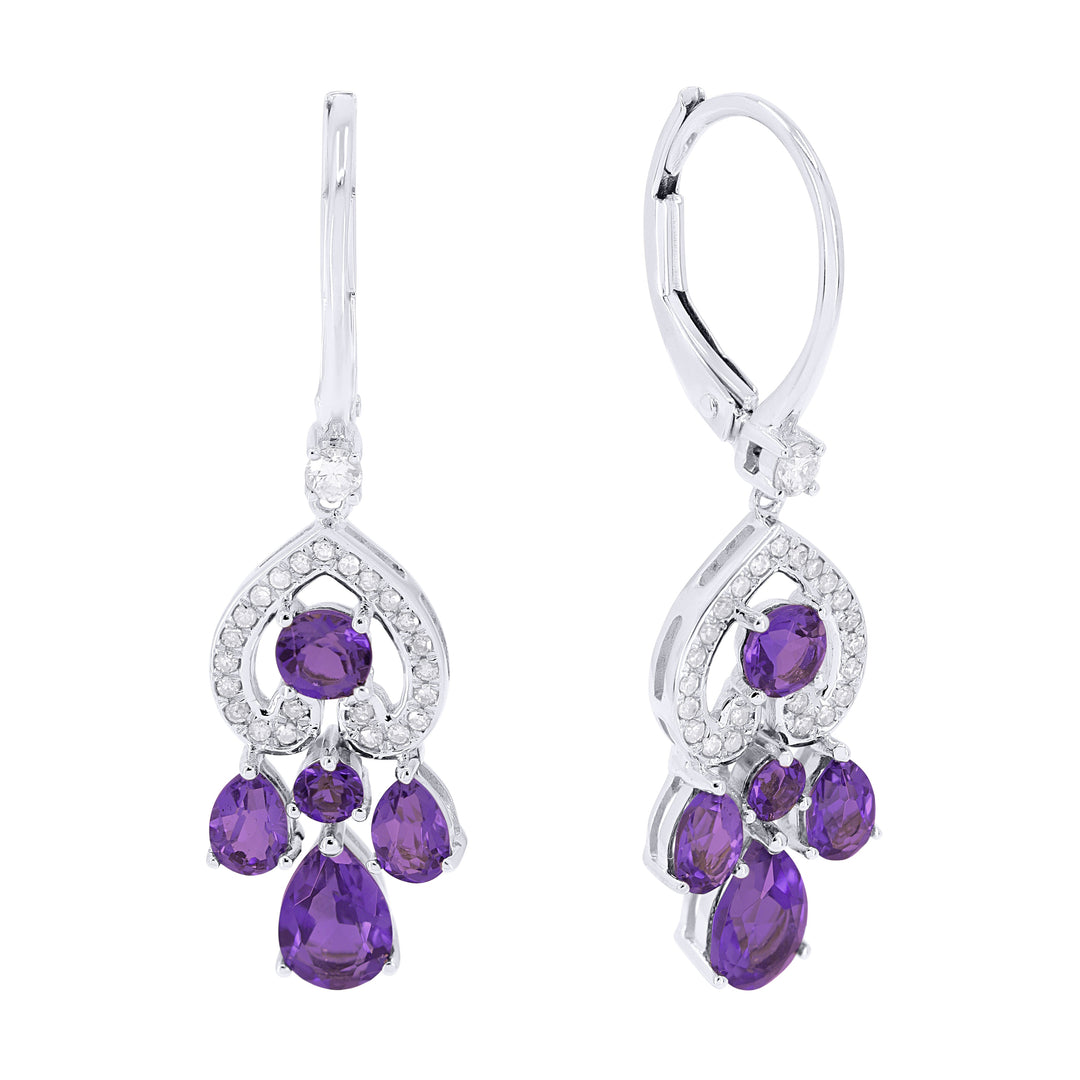 Beautiful Hand Crafted 14K White Gold  Amethyst And Diamond Essentials Collection Drop Dangle Earrings With A Lever Back Closure