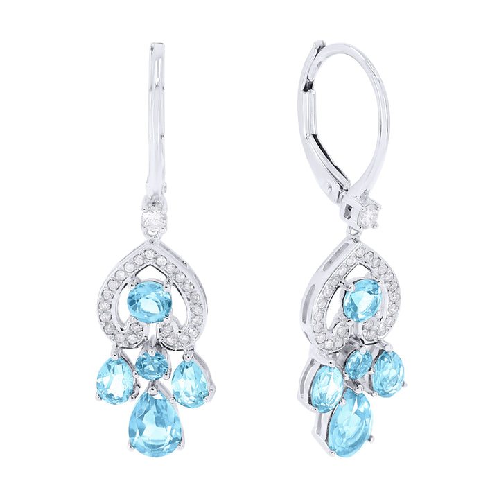 Beautiful Hand Crafted 14K White Gold  Blue Topaz And Diamond Eclectica Collection Drop Dangle Earrings With A Lever Back Closure
