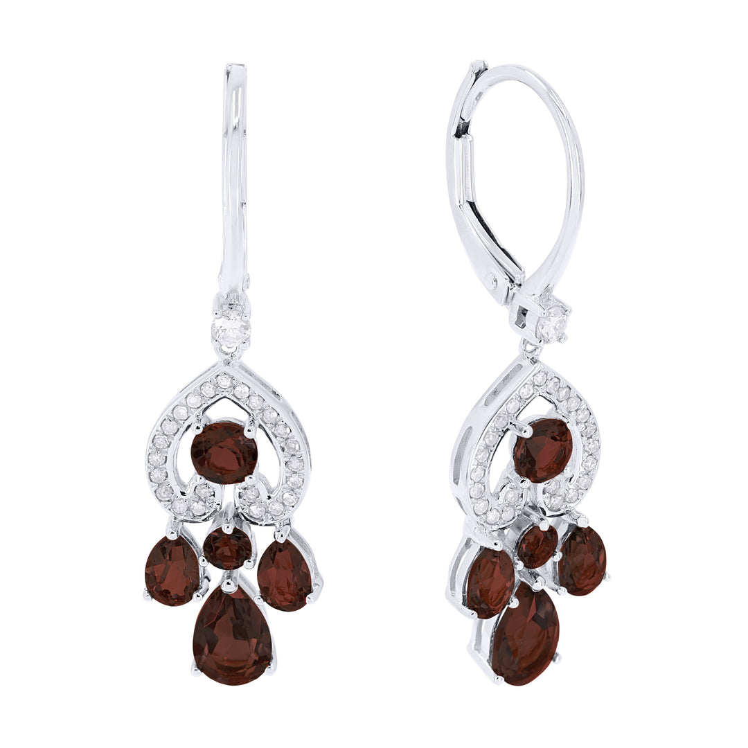 Beautiful Hand Crafted 14K White Gold  Garnet And Diamond Essentials Collection Drop Dangle Earrings With A Lever Back Closure