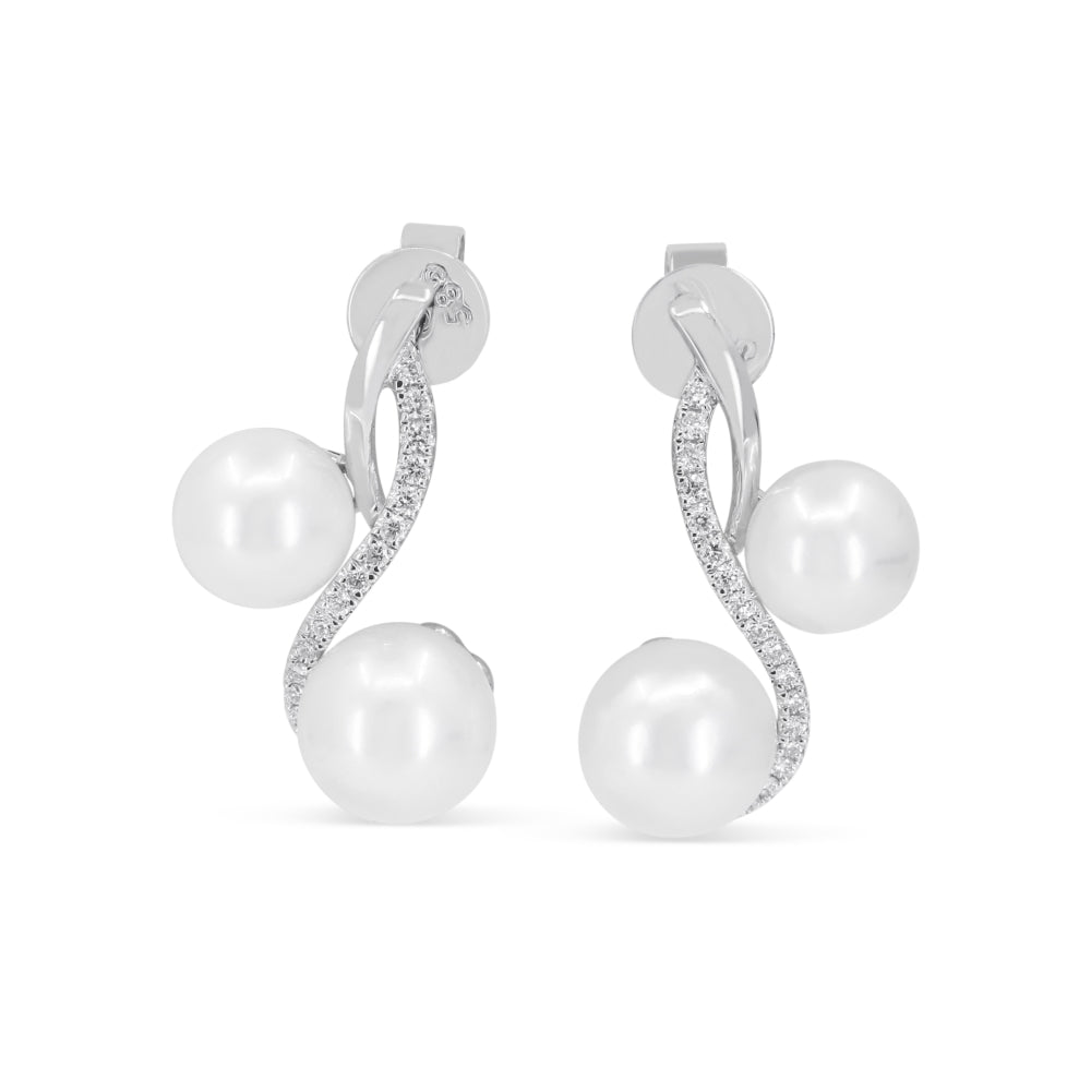 Beautiful Hand Crafted 14K White Gold  Pearl And Diamond Essentials Collection Drop Dangle Earrings With A Push Back Closure