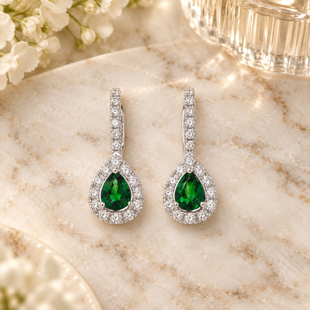E1569 - 14K White Gold Emerald, Ruby & Sapphire Drop Earrings