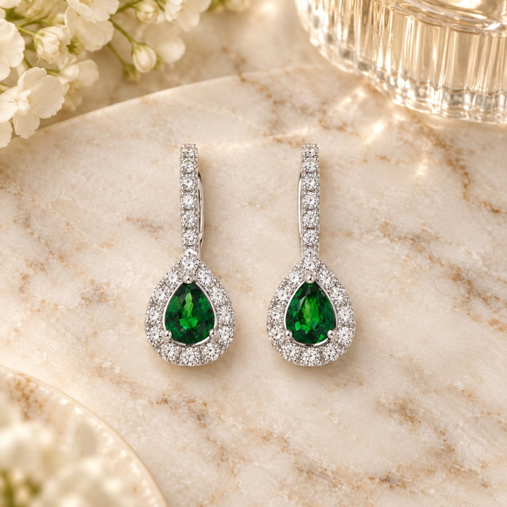 E1569 - 14K White Gold Emerald, Ruby & Sapphire Drop Earrings