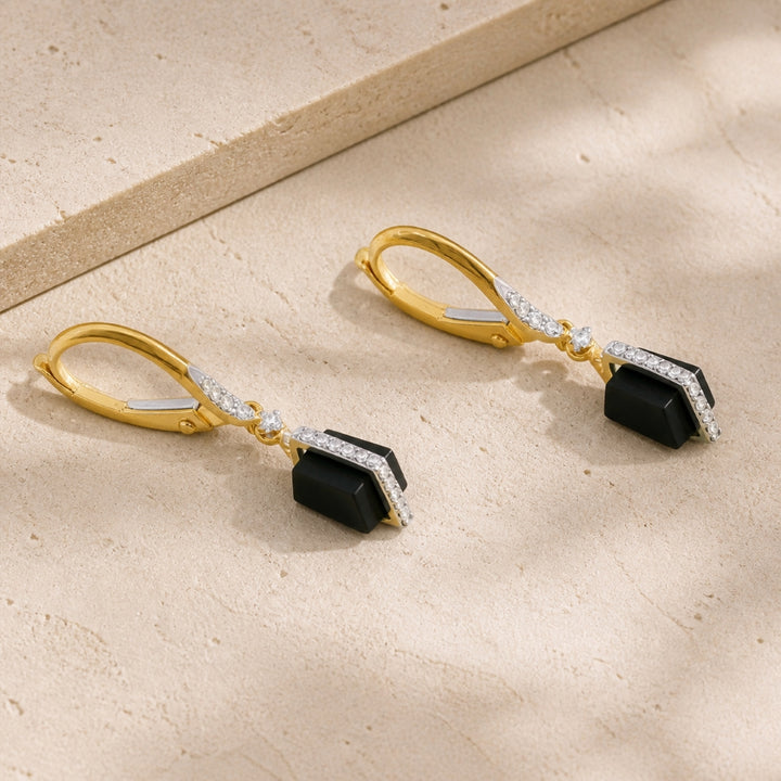 E1570 - 14K Yellow Gold Black Onyx & Lapis Lazuli Drop Earrings