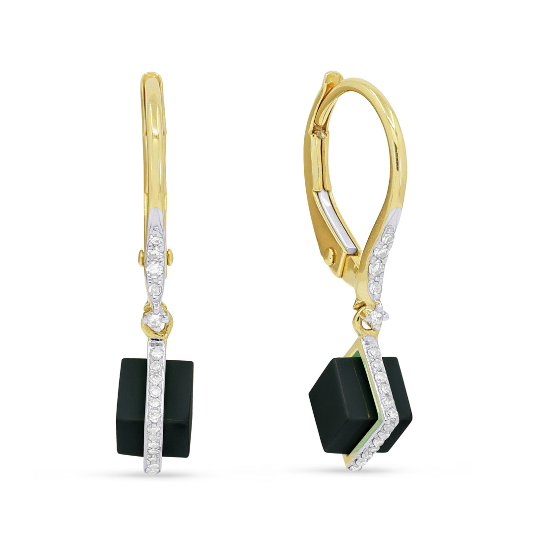 Beautiful Hand Crafted 14K Yellow Gold  Black Onyx And Diamond Stiletto Collection Drop Dangle Earrings With A Lever Back Closure