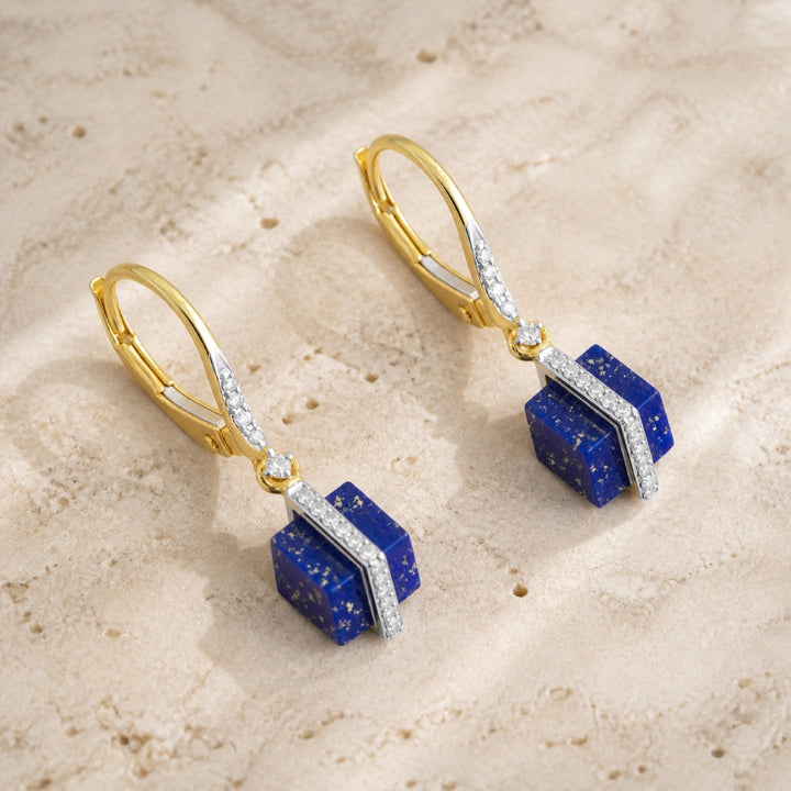 E1570 - 14K Yellow Gold Black Onyx & Lapis Lazuli Drop Earrings