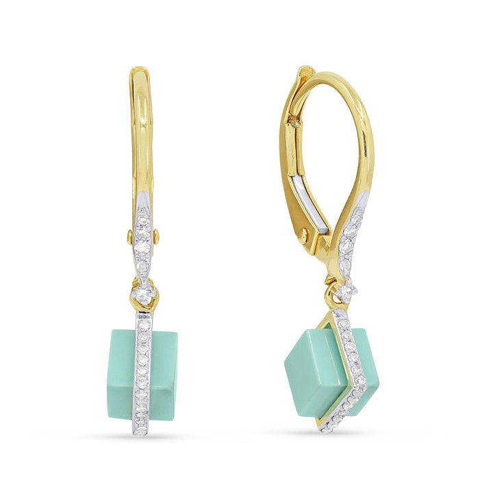 Beautiful Hand Crafted 14K Yellow Gold  Turquoise And Diamond Milano Collection Drop Dangle Earrings With A Lever Back Closure