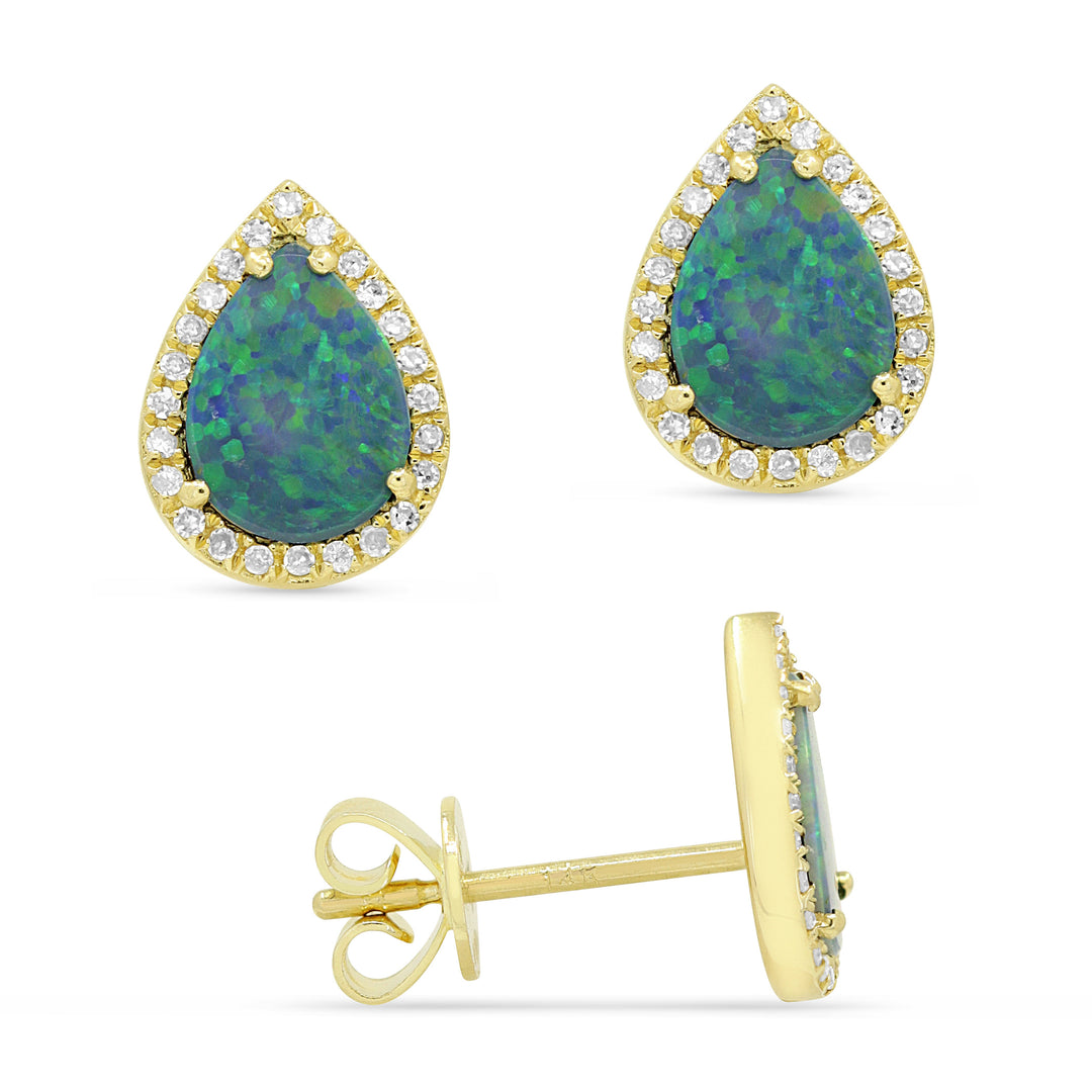 Beautiful Hand Crafted 14K Yellow Gold 5X7MM Boulder Opal And Diamond Essentials Collection Stud Earrings With A Push Back Closure