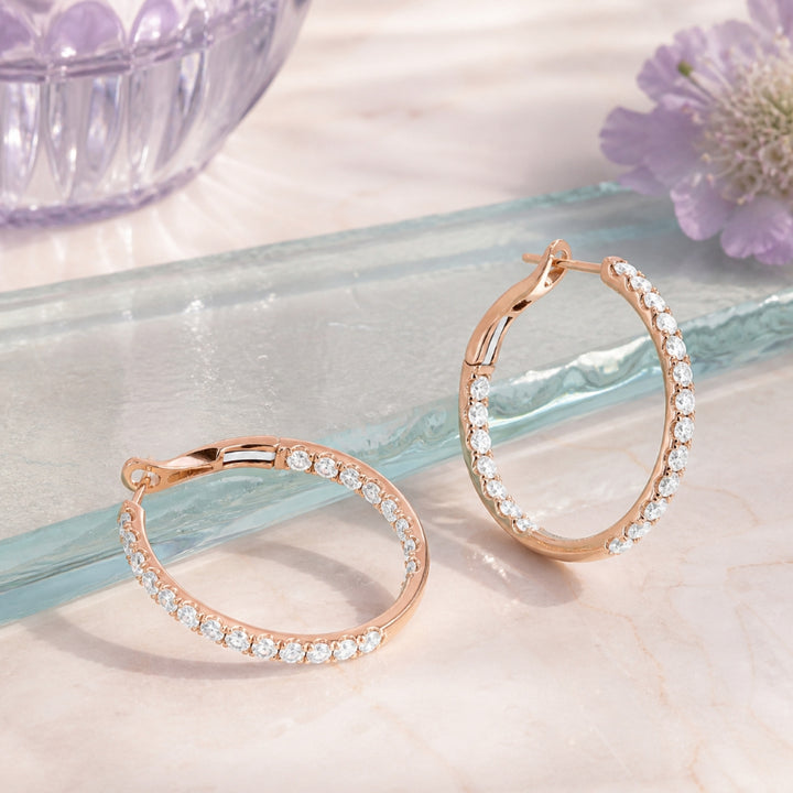 E1576 - 14K Gold Diamond In & Out Hoop Earrings