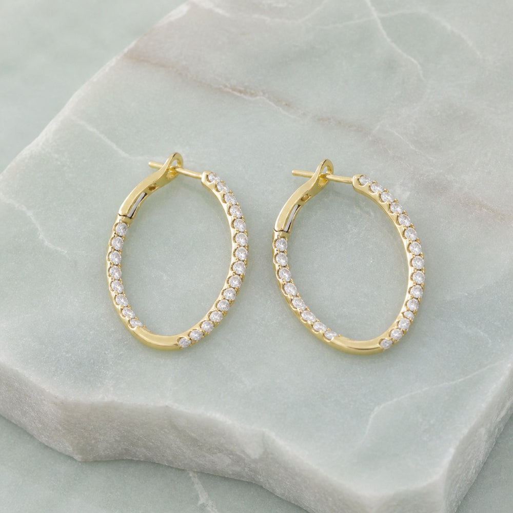 E1576 - 14K Gold Diamond In & Out Hoop Earrings