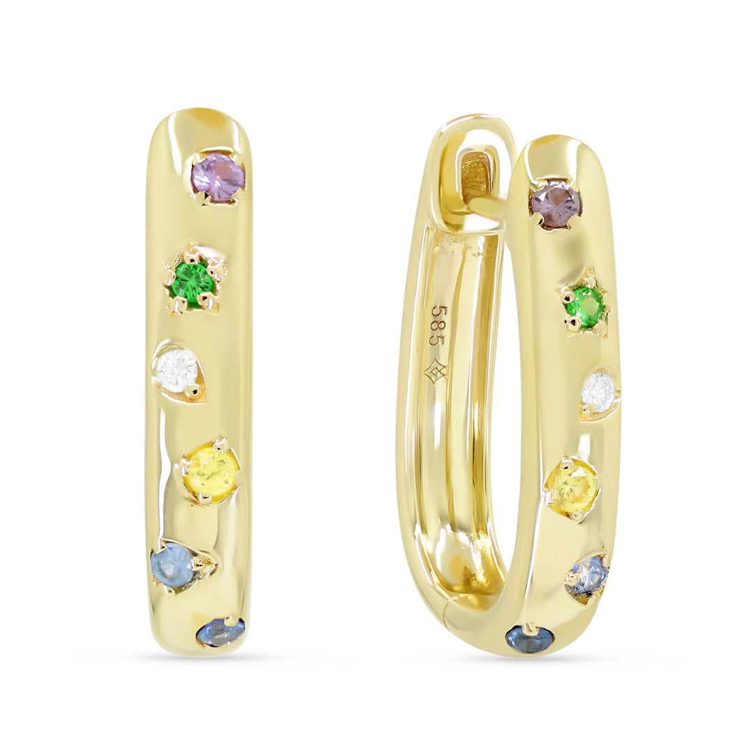 Beautiful Hand Crafted 14K Yellow Gold  Multi Colored Sapphire And Diamond Arianna Collection Hoop Earrings With A Hoop Closure