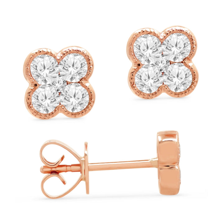 Beautiful Hand Crafted 14K Rose Gold White Diamond Milano Collection Stud Earrings With A Push Back Closure